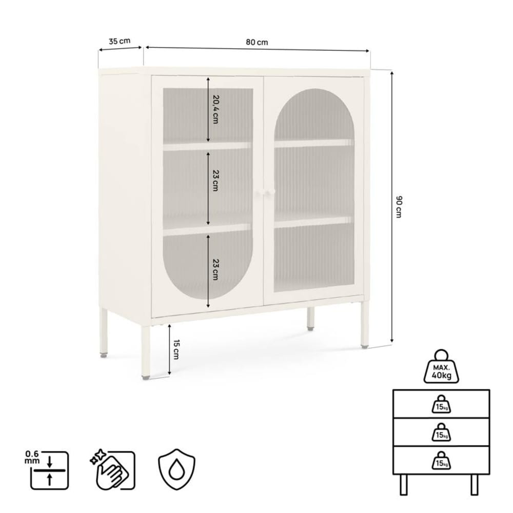 Sideboard Industriell Metall 80 cm 2 Türen Riffelglas Beige -