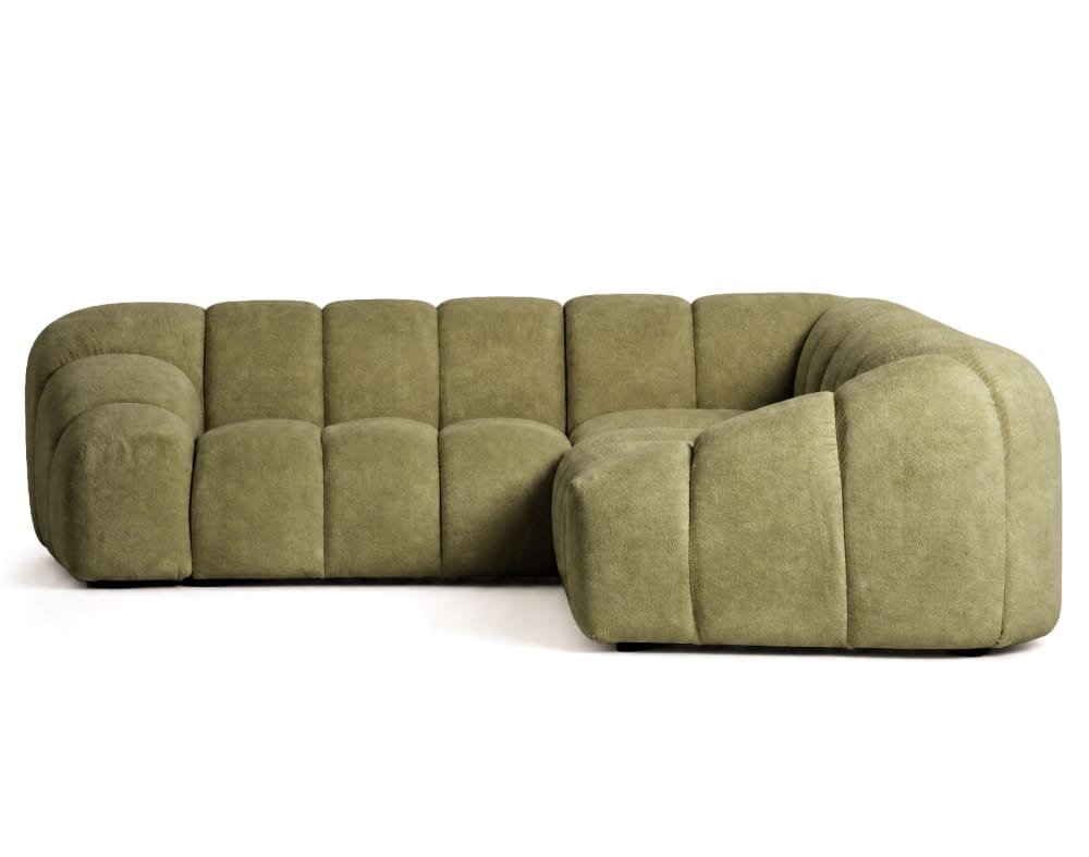 Canapé d'angle droit 5 places en velours texturé vert kaki