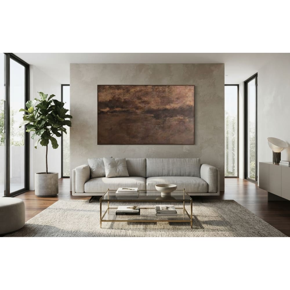 Tableau abstrait peint main en tissu et mdf marron 150x4x90 cm
