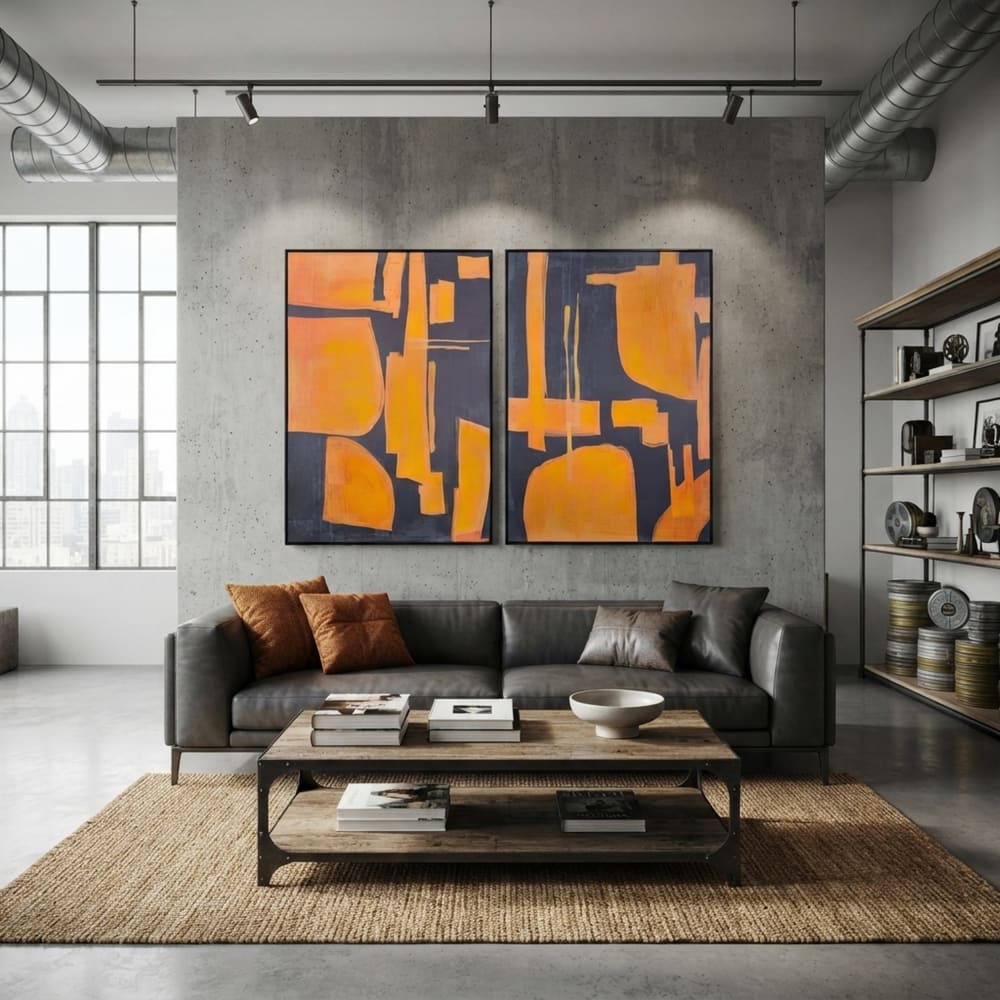 Lot 2 tableaux abstraits en tissu orange 103x4x143 cm — vue 3