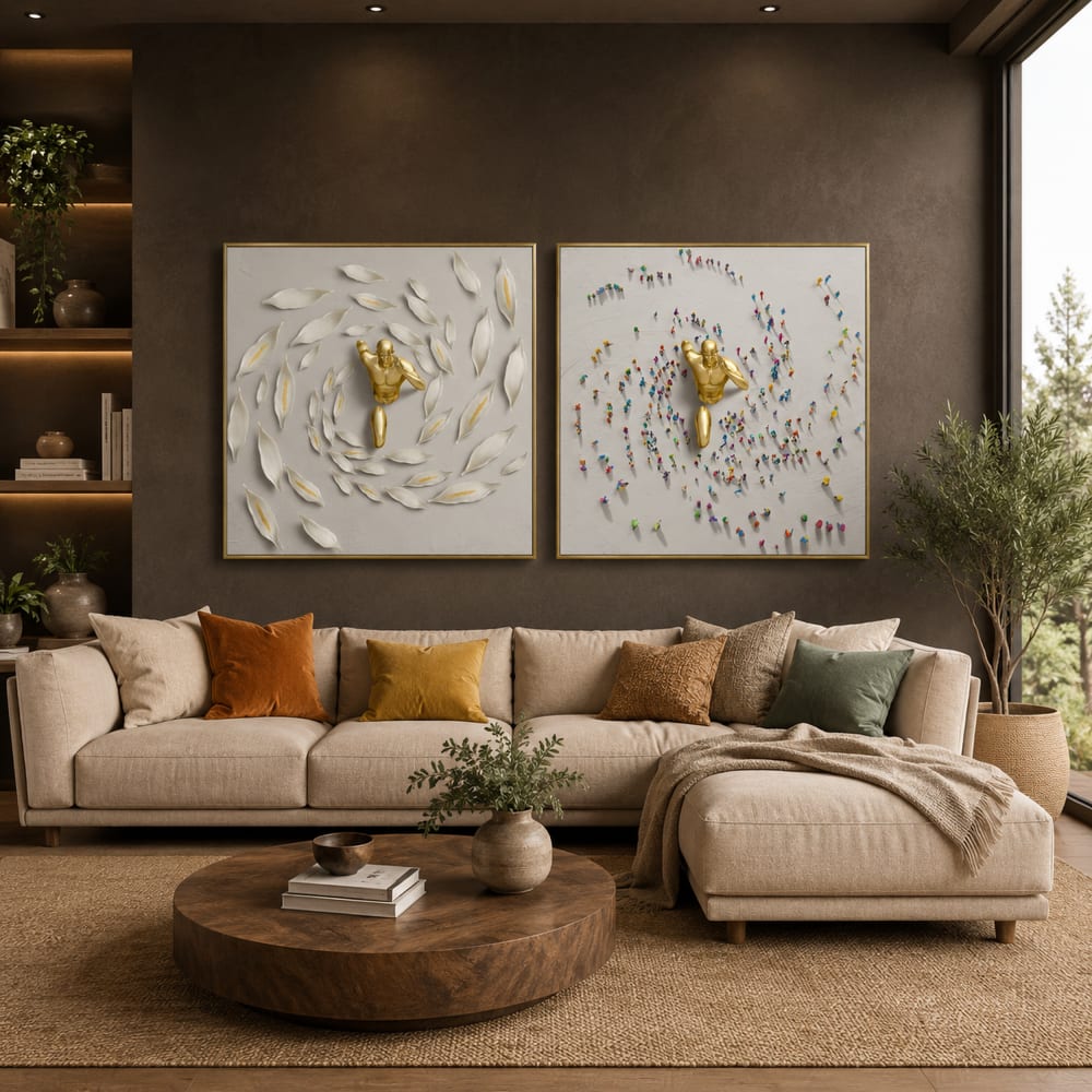 Lot 2 tableaux homme en tissu et résine doré 80x17x80 cm