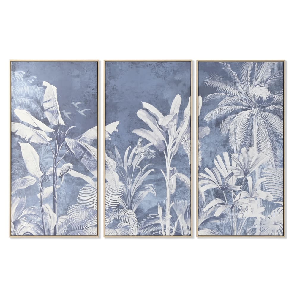 Ensemble de 3 tableaux palmiers en tissu bleu 180x4x120 cm