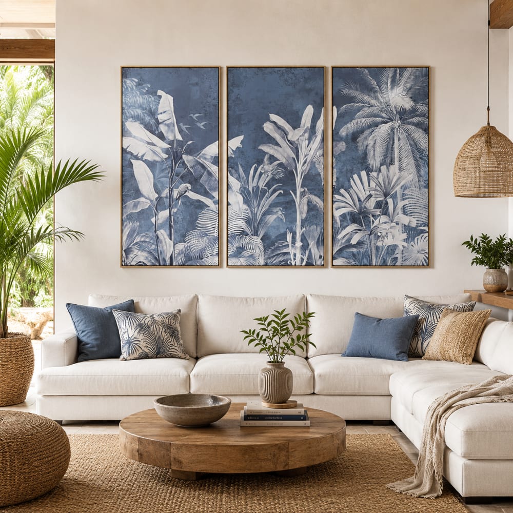 Ensemble de 3 tableaux palmiers en tissu bleu 180x4x120 cm — vue 3