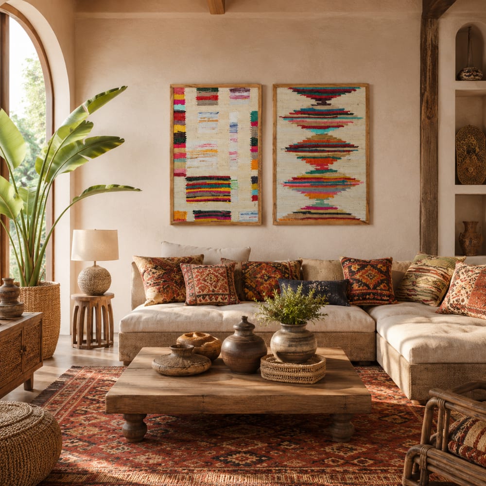 Lot 2 tableaux chindi en coton et acacia multicolore 60x3x90 cm