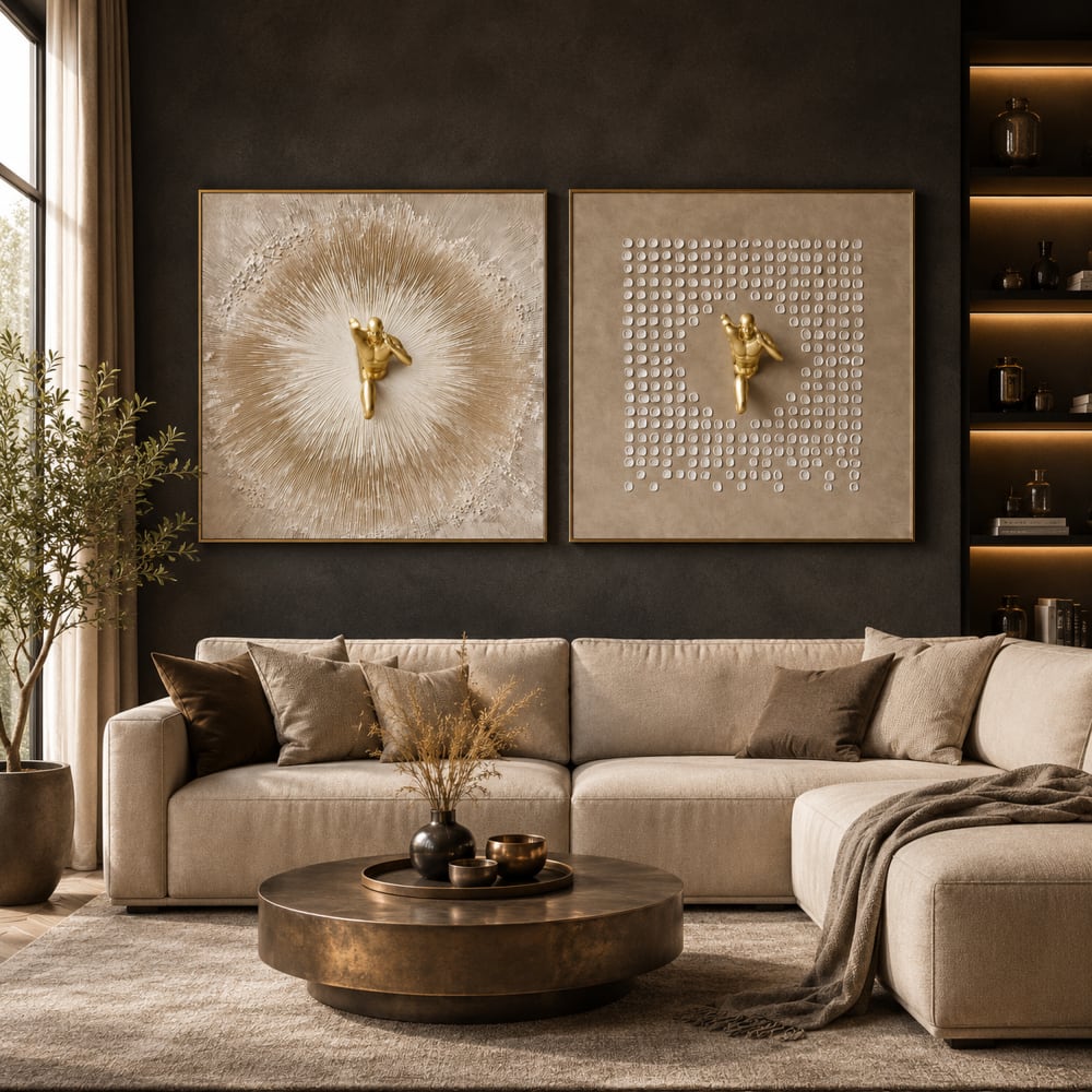 Lot 2 tableaux homme en tissu et résine marron 80x13x80 cm — vue 3