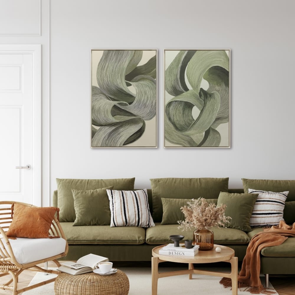 Lot 2 tableaux abstraits en tissu vert 80x3x120 cm — vue 3