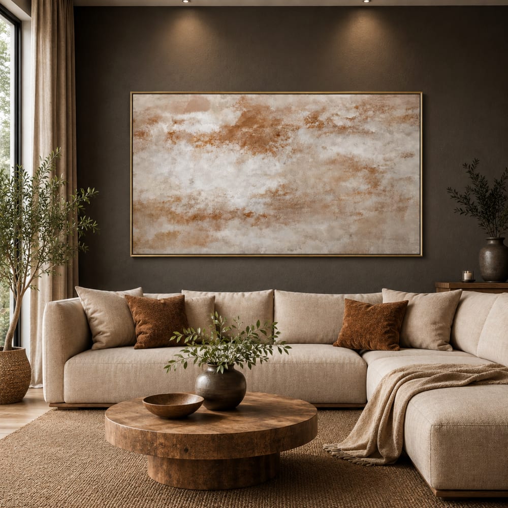 Tableau moderne peint main en tissu et mdf blanc 150x4x90 cm
