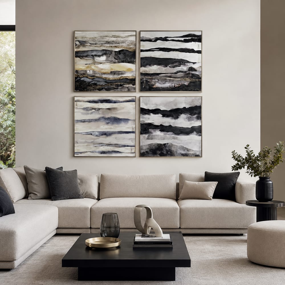 Lot 4 tableaux abstraits en tissu noir 79x2x79 cm