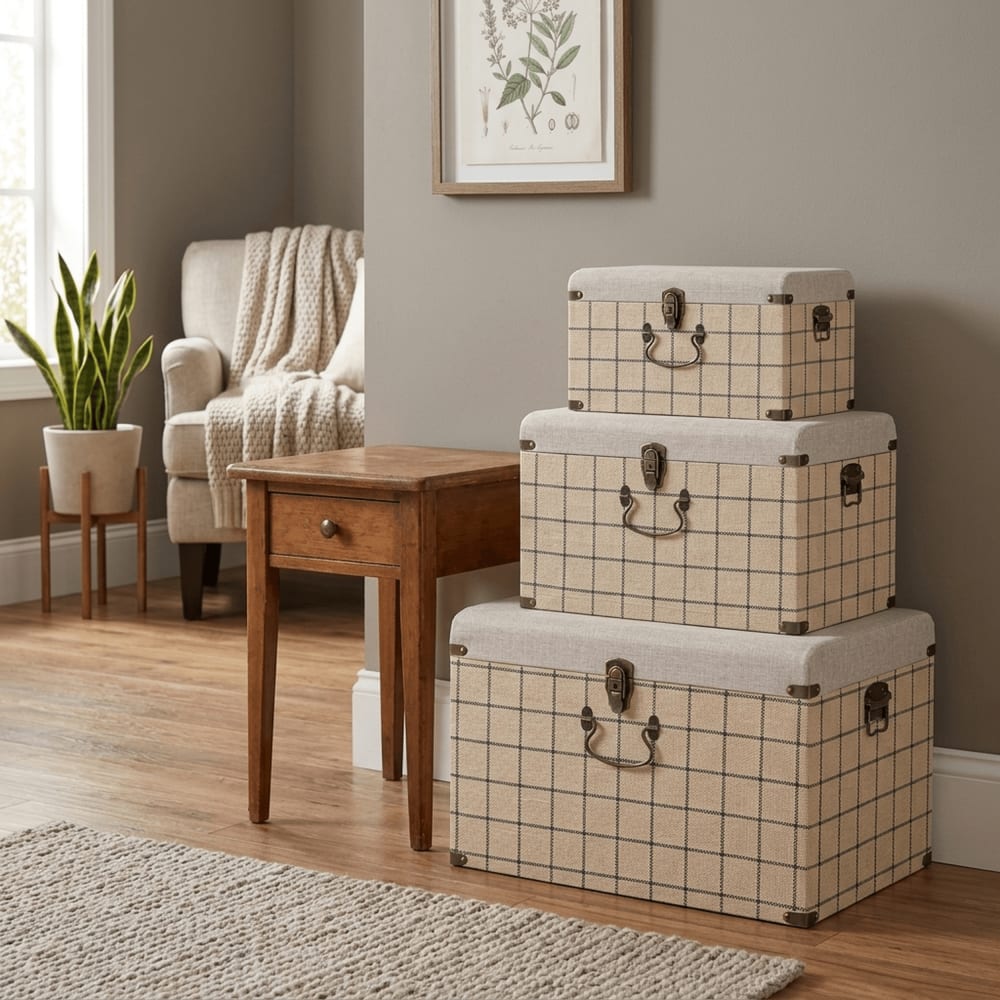 Ensemble de 3 coffres en polyester et bois beige 60x40x38 cm