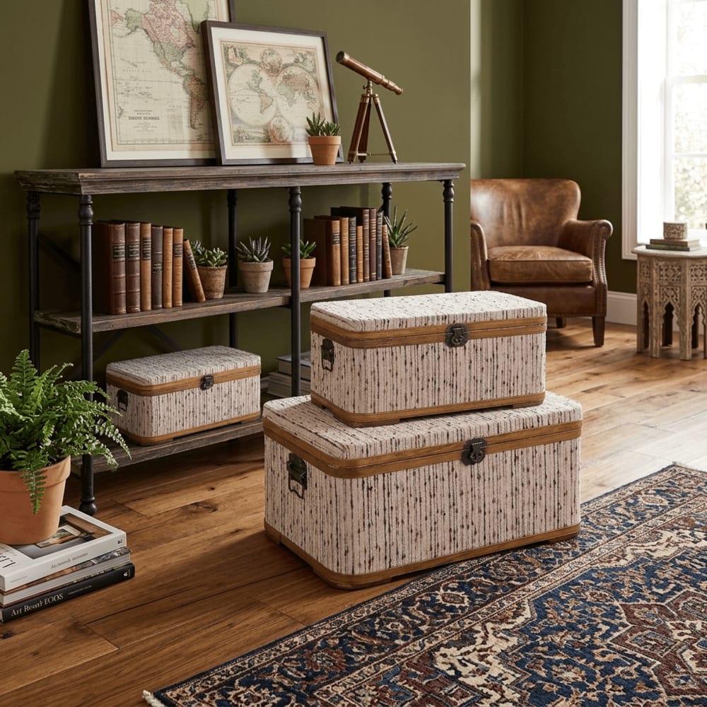 Ensemble de 3 coffres en bois et polyester multicolore 64x39x29 cm