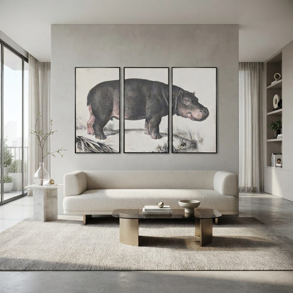 Ensemble de 3 tableaux hippopotame en tissu noir 180x4x120 cm