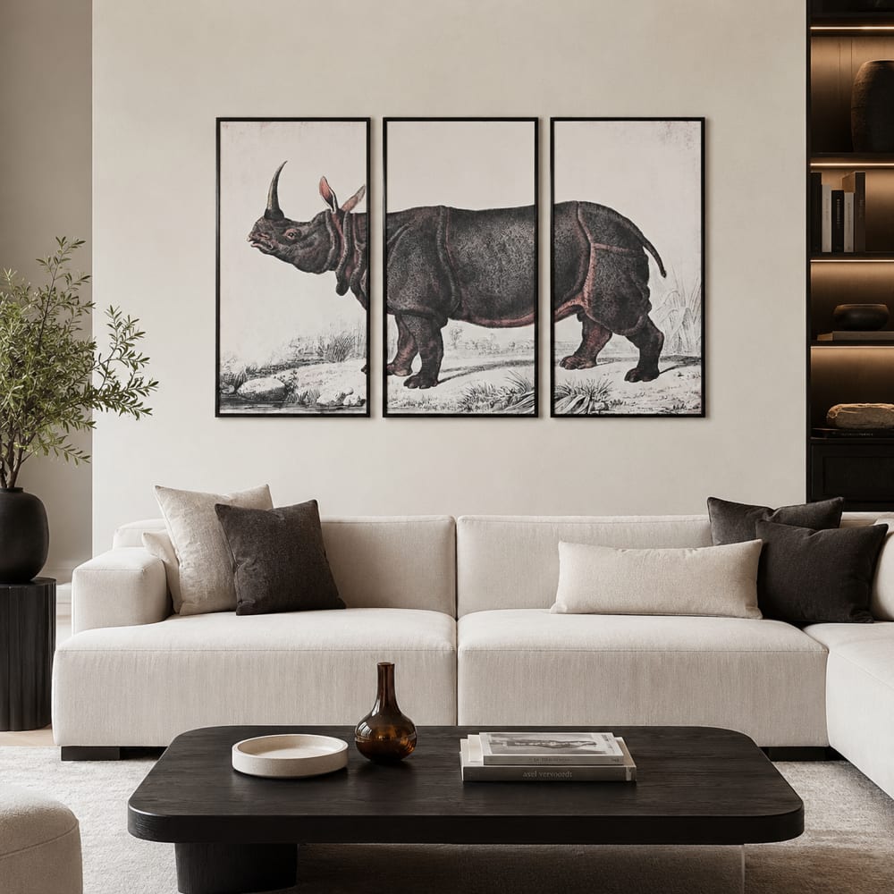 Ensemble de 3 tableaux rhinocéros en tissu noir 180x4x120 cm