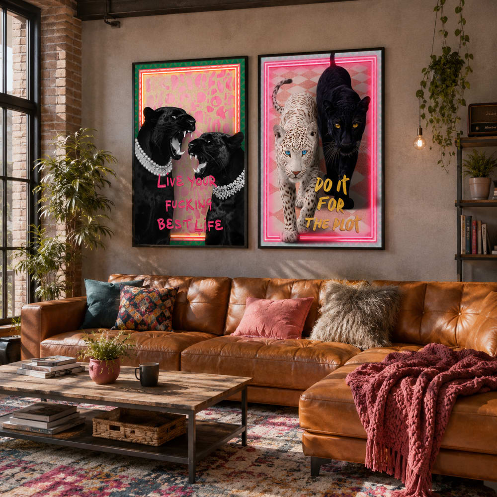 Lot 2 tableaux lumineux panthères glam noir 61x4x91 cm