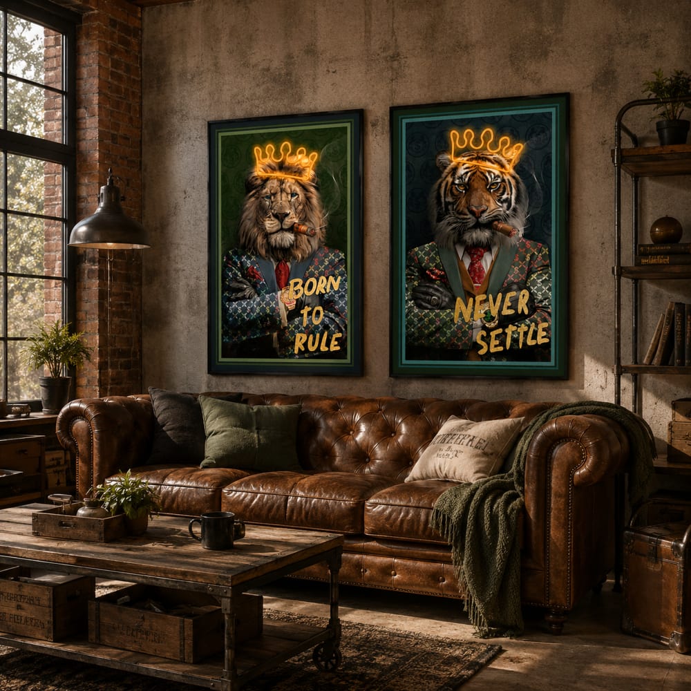Lot 2 tableaux lumineux lion et tigre en tissu vert 61x4x91 cm