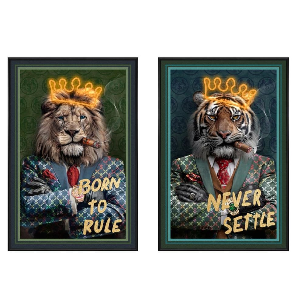 Lot 2 tableaux lumineux lion et tigre en tissu vert 61x4x91 cm — vue 3