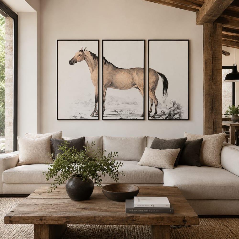 Ensemble de 3 tableaux cheval encadrés en tissu gris 180x4x120 cm
