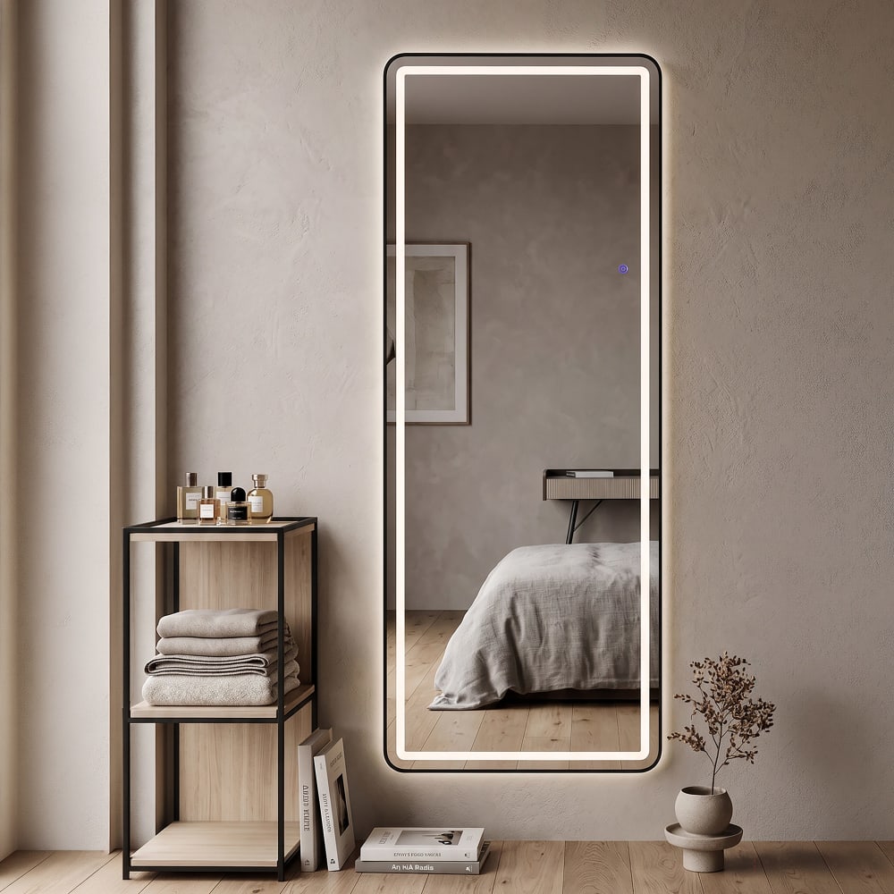 Mauro Ferretti Rechteckiger Stand-/Wandspiegel mit LED-Beleuchtung, 70 x 170 cm Transparent Metall
