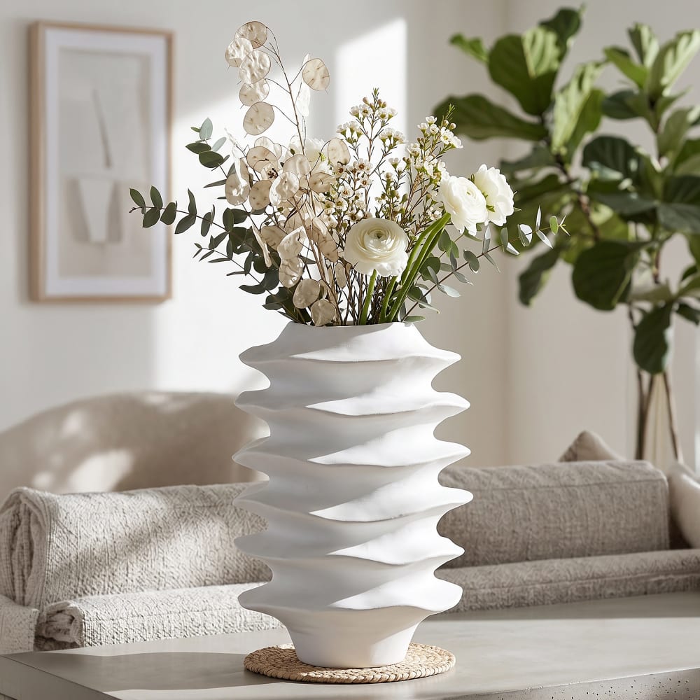 Mauro Ferretti Moderne Vase mit Wellenbandmotiv, ø 25,5 x 37 cm Weiß Harz