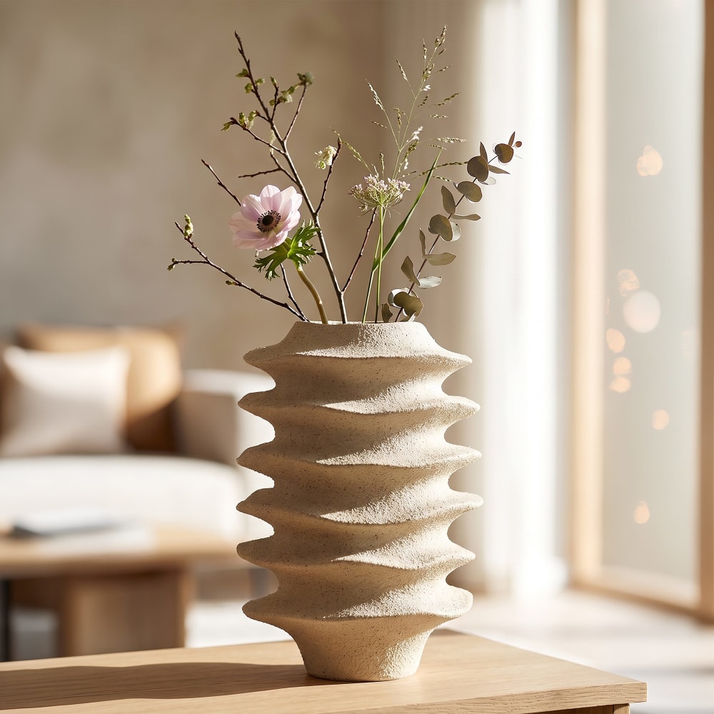 Mauro Ferretti Vase im Japandi-Stil mit Wellenbandmotiv ø 25,5x37 cm Beige Harz