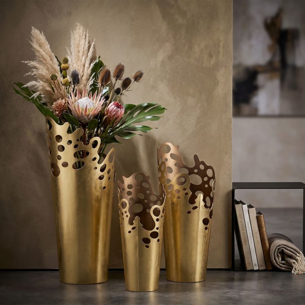 Mauro Ferretti Set mit 3 eleganten Blumentöpfen mit perforiertem Rand Gold Metall