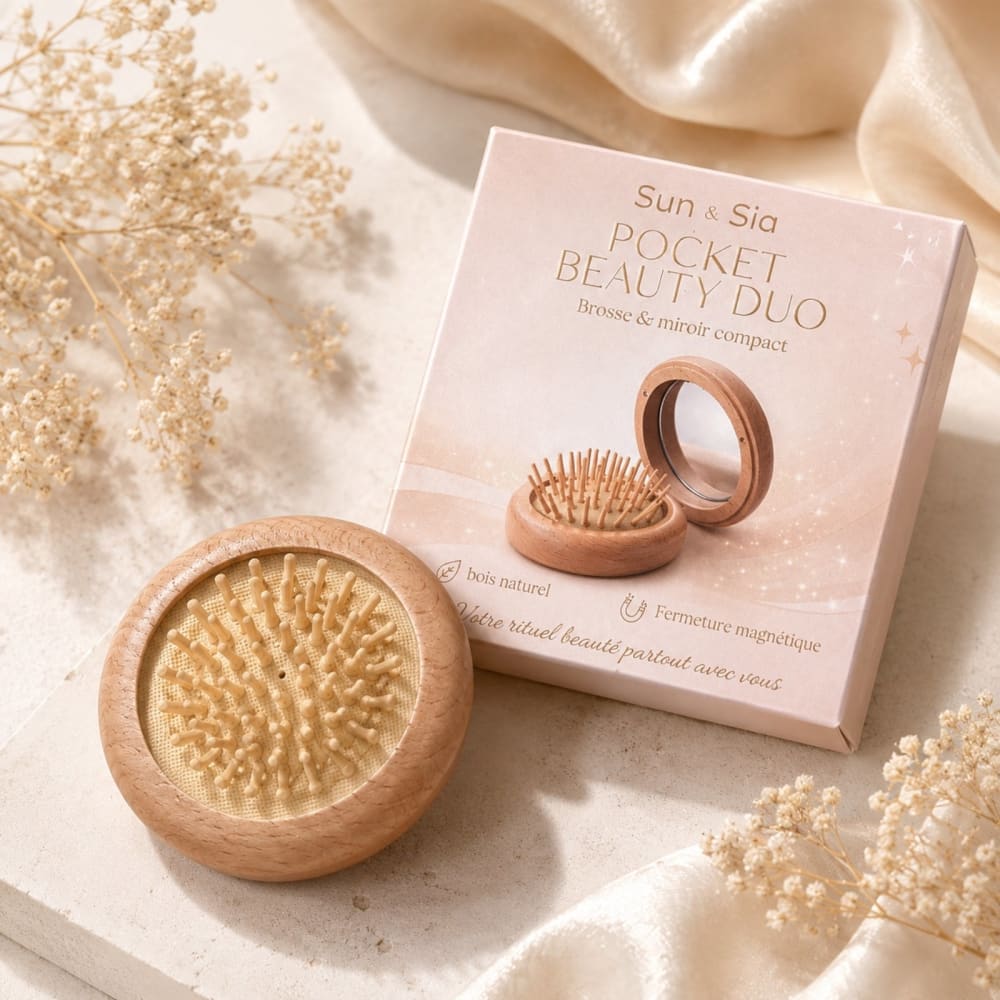 Brosse à cheveux et miroir de poche 2 en 1 en bois fsc, aimanté