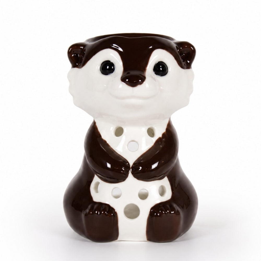 Brûle-parfum loutre en céramique émaillée blanche et marron Brûle-parfum loutre en céramique émaillée blanche et marron