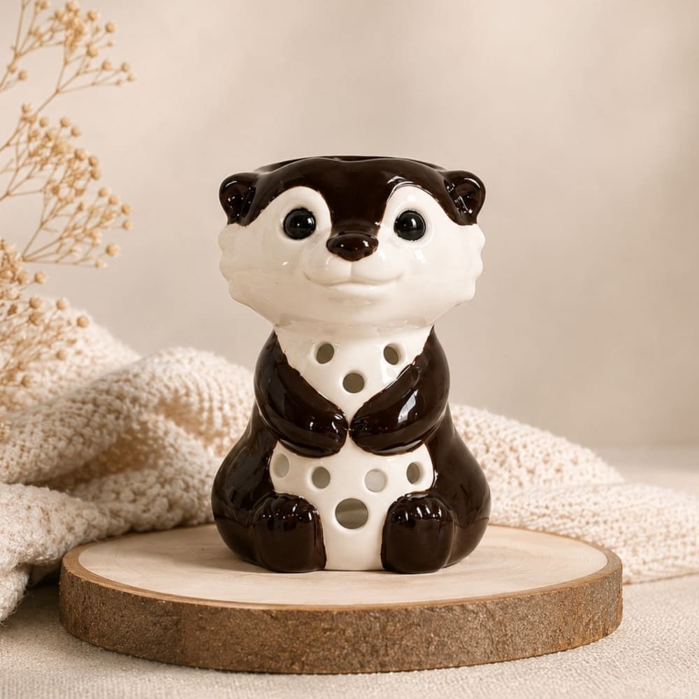 Duftbrenner Otter aus glasierter Keramik in Weiß und Braun -