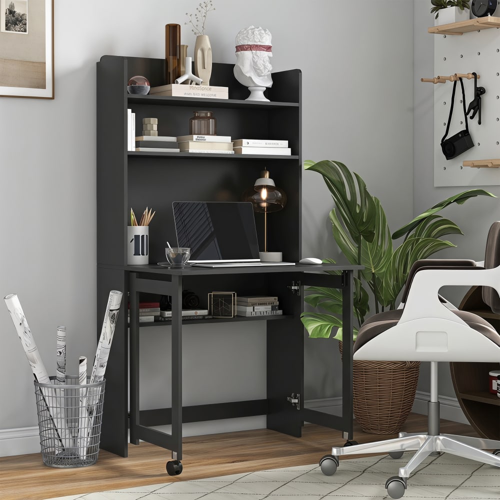 Bureau informatique avec étagères de rangement bois noir