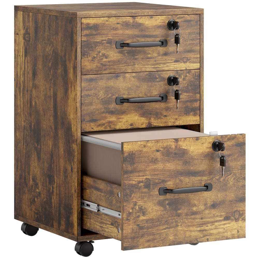 Caisson de bureau mobile 3 tiroirs verrouillables bois brun rustique Caisson de bureau mobile 3 tiroirs verrouillables bois brun rustique