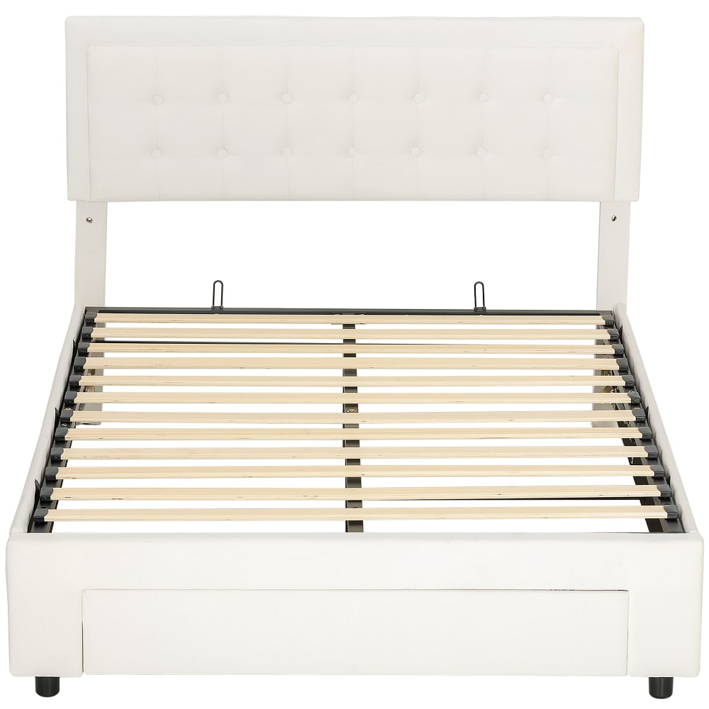 Lit ottoman rangement tête réglable lattes bois blanc crème Lit ottoman rangement tête réglable lattes bois blanc crème