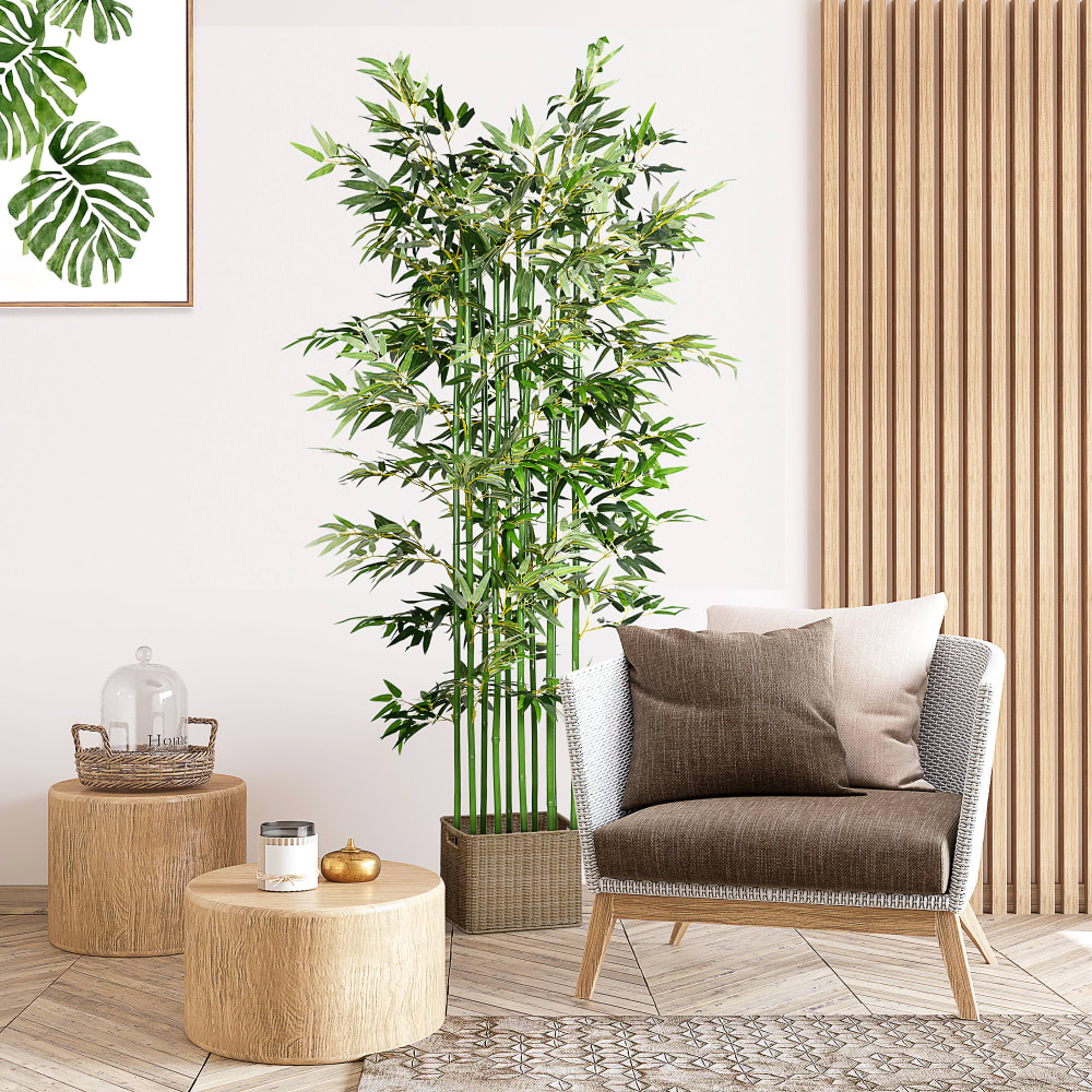Bambou artificiel feuilles réalistes pot bois de pin polyester vert — vue 4