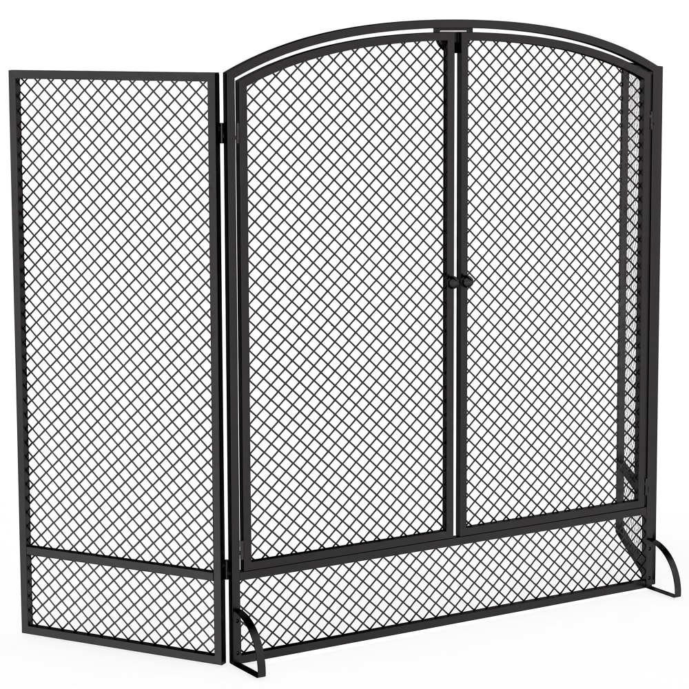 Pare-feu de cheminée pliable 3 panneaux 2 portes moderne métal noir