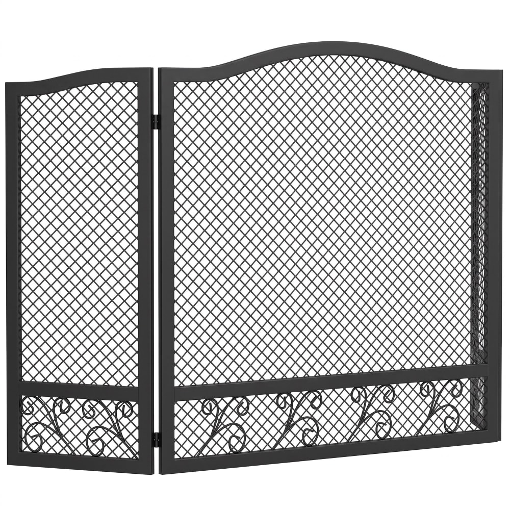 Pare-feu de cheminée pliable 3 panneaux motif floral métal noir