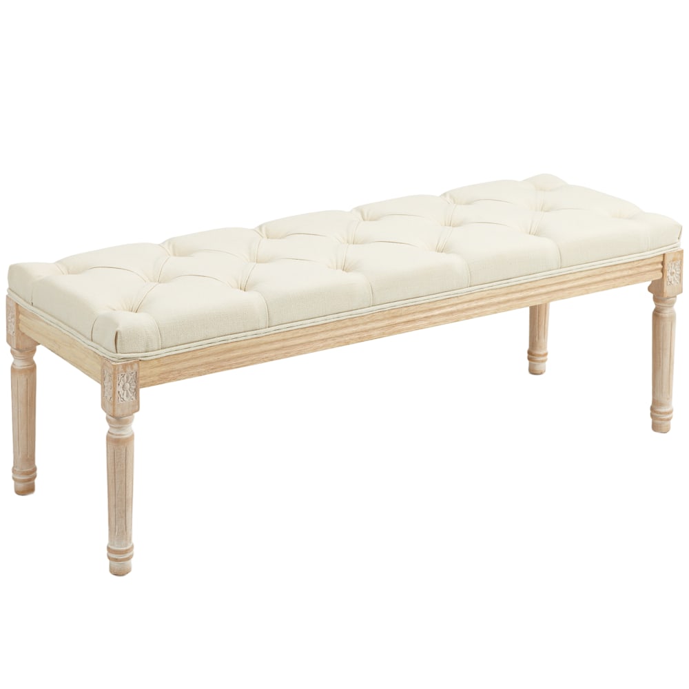 Tabouret repose-pied capitonné style classique bois aspect lin crème