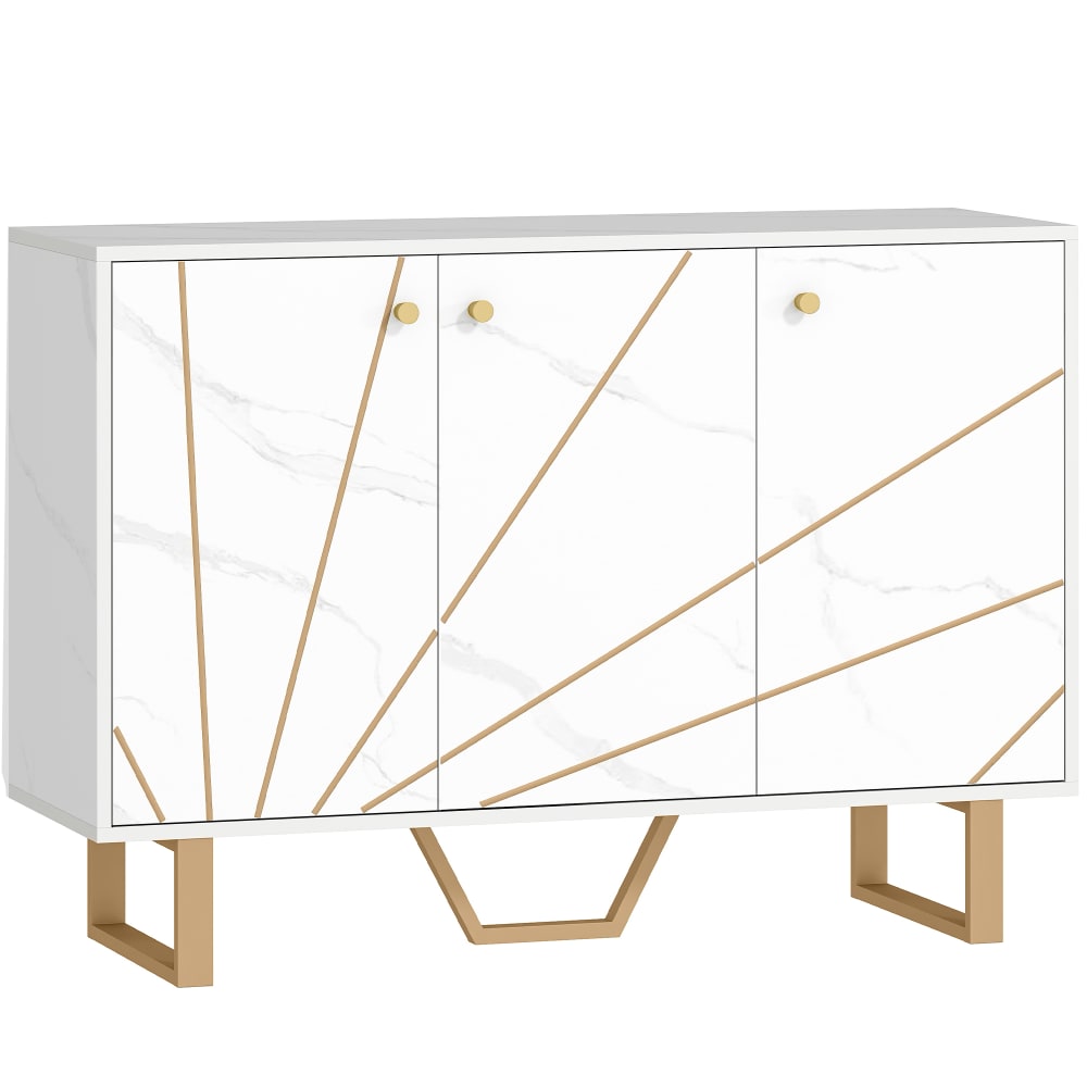 Buffet design - 3 portes, 2 étagères - métal doré aspect marbre blanc Buffet design - 3 portes, 2 étagères - métal doré aspect marbre blanc