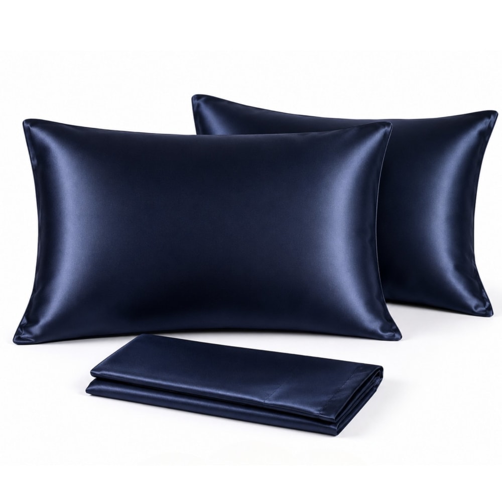 Lot de 2 taies d'oreiller en satin effet soie bleu nuit, 70x50 cm
