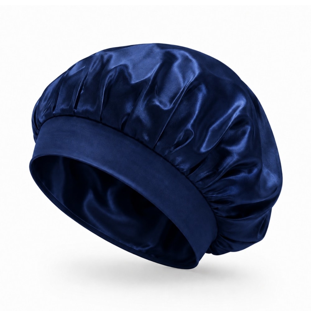 Bonnet de nuit en satin effet soie bleu nuit, taille unique