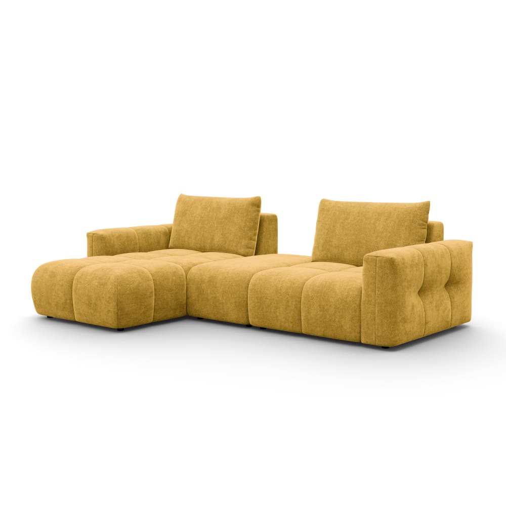 Canapé d'angle 4 places gauche avec pouf, tissu jaune Canapé d'angle 4 places gauche avec pouf, tissu jaune