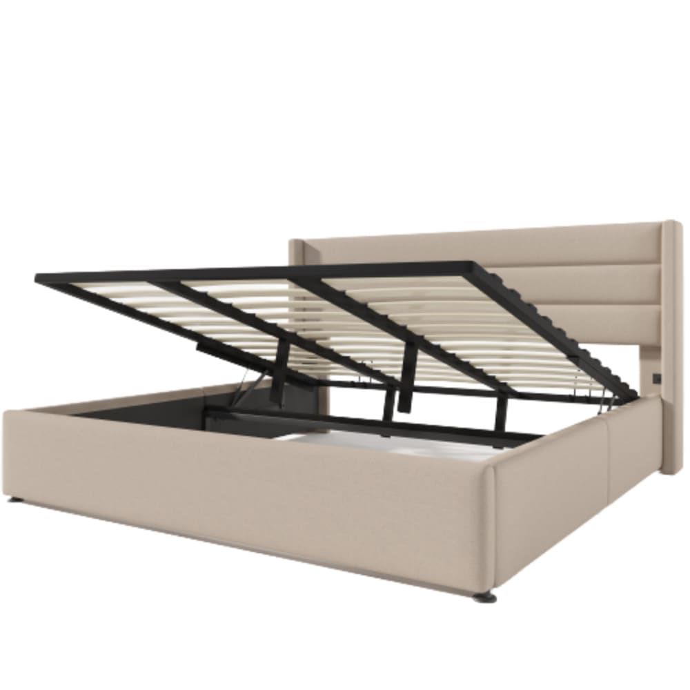 Lit coffre rembourré en lin beige avec rangement 180x200 cm