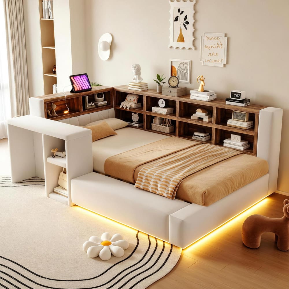 Lit coffre en velours polyester beige avec led 90x200 cm