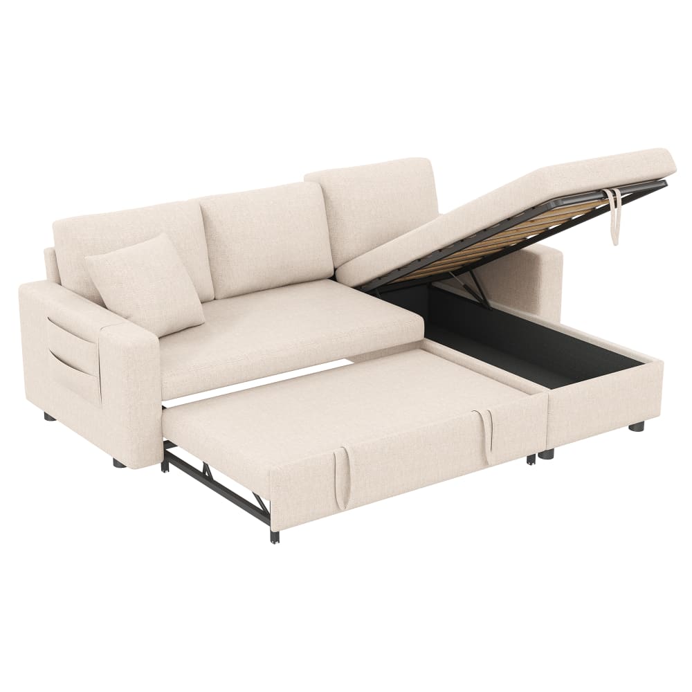 Canapé convertible en aspect lin beige avec rangement