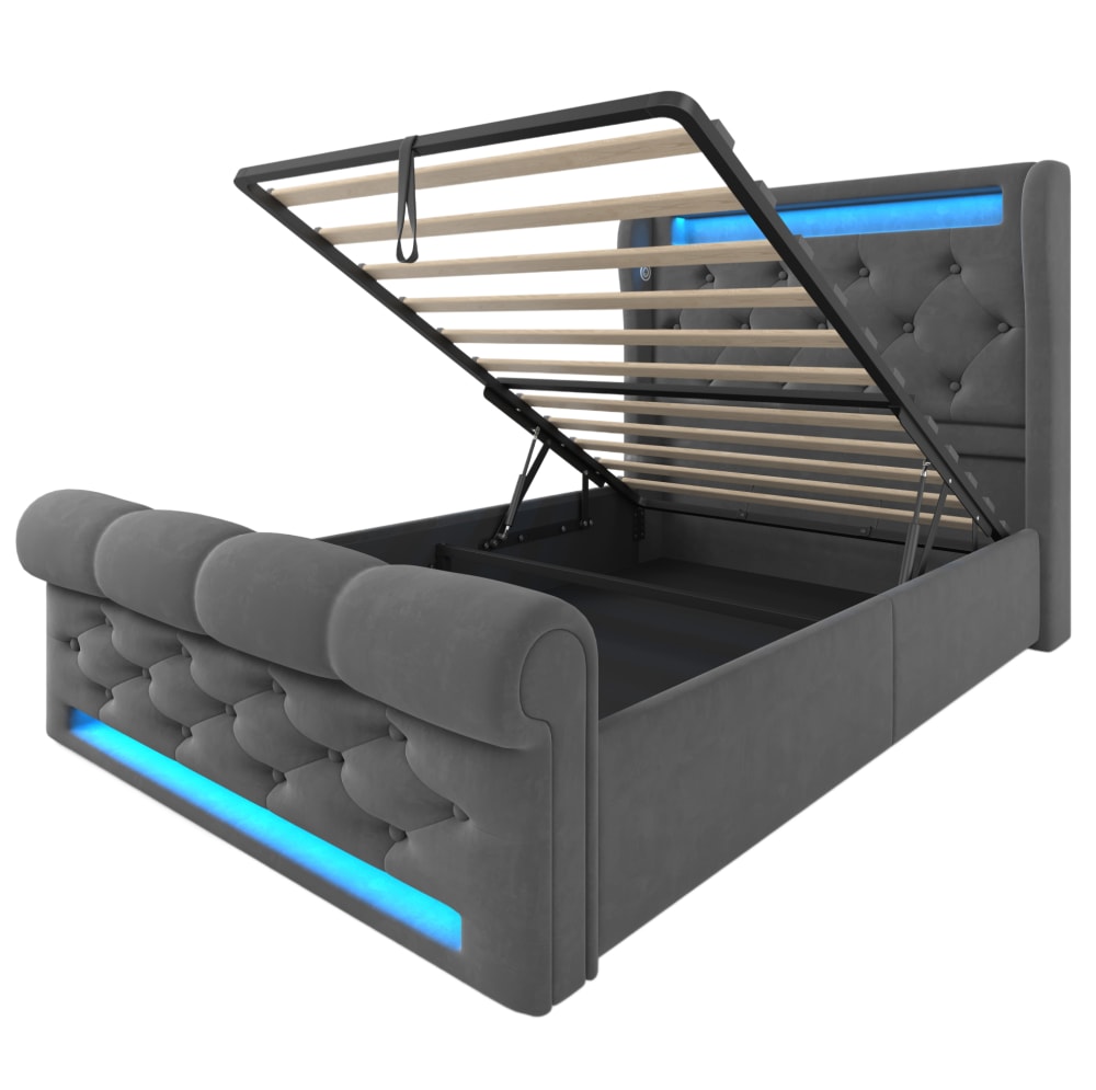 Lit rembourré en velours polyester gris avec led 90x200 cm