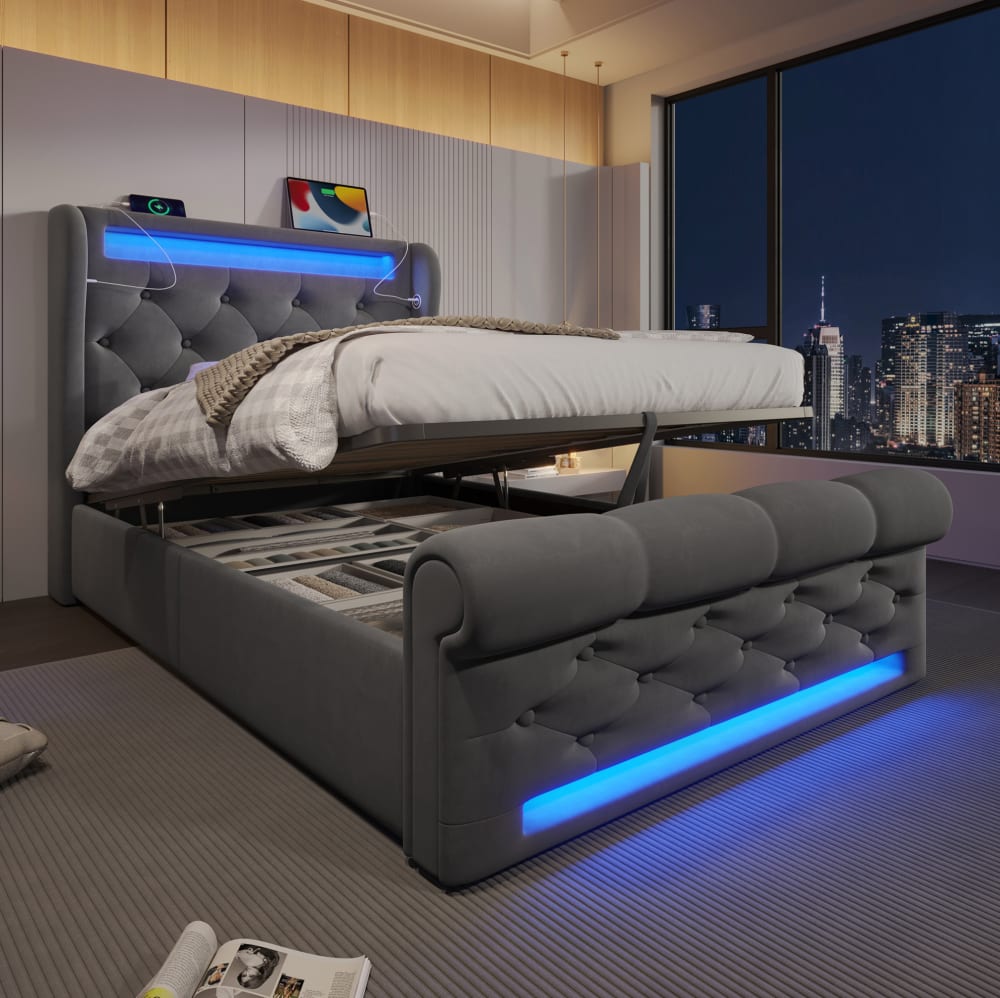Polsterbett aus Samt grau mit LED 90x200 cm - Maisons Du Monde