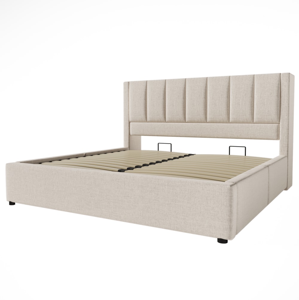 Lit en lin beige 140 x 190 cm avec rangement