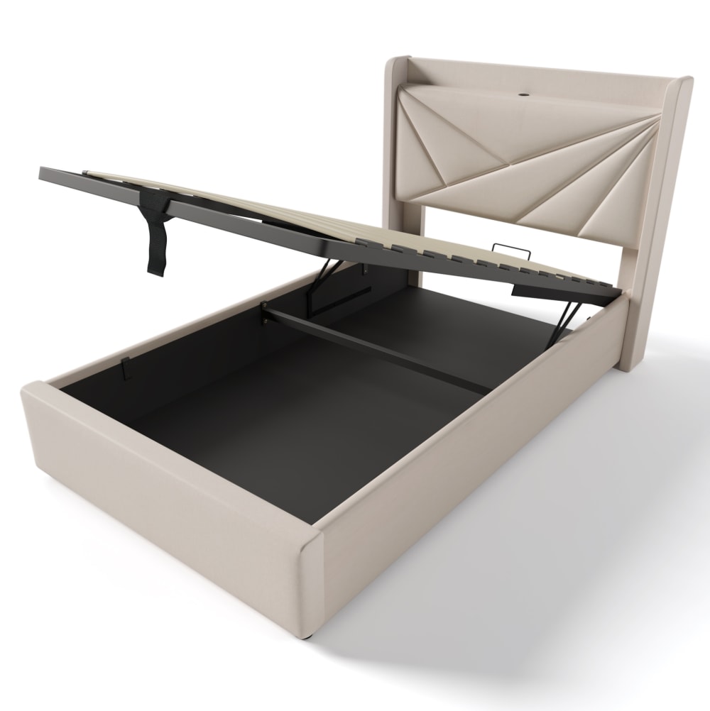 Lit coffre en coton et lin beige 90 x 200 cm avec usb