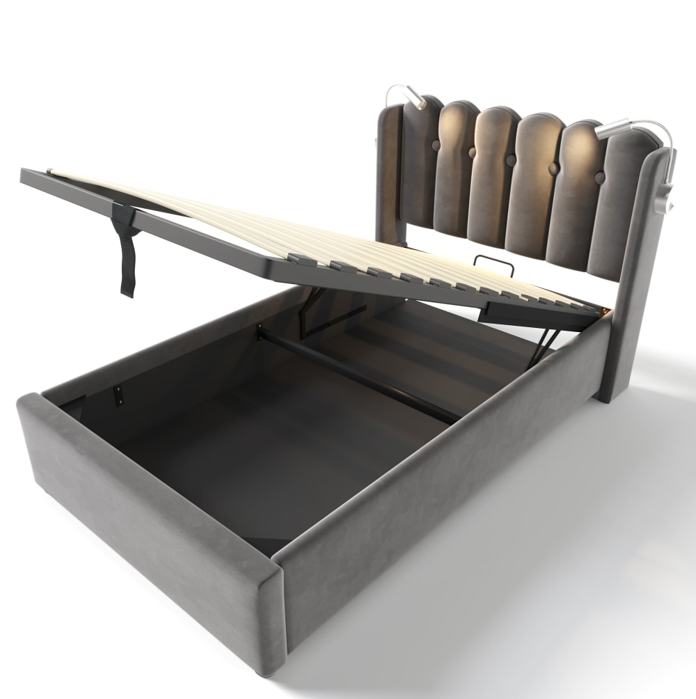 Lit en velours polyester gris 90 x 200 cm avec liseuse et usb