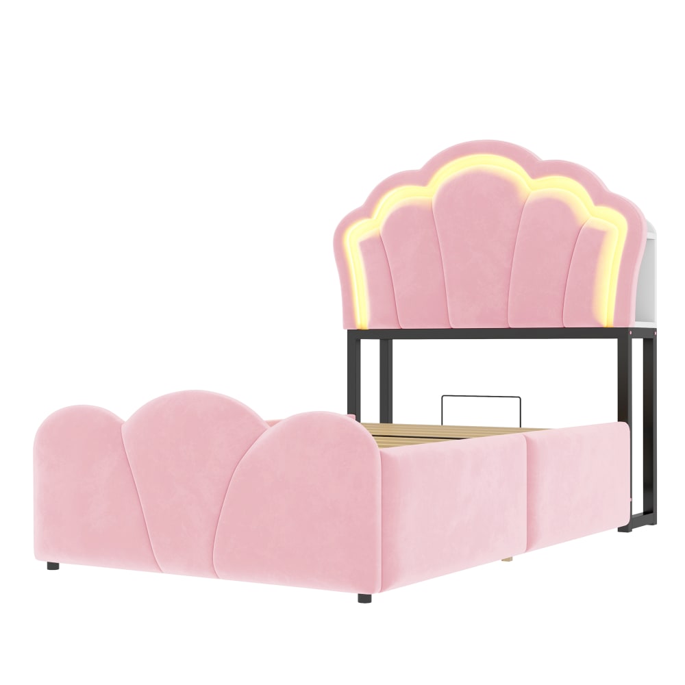 Lit enfant rembourré en velours polyester rose 90x200 cm avec led