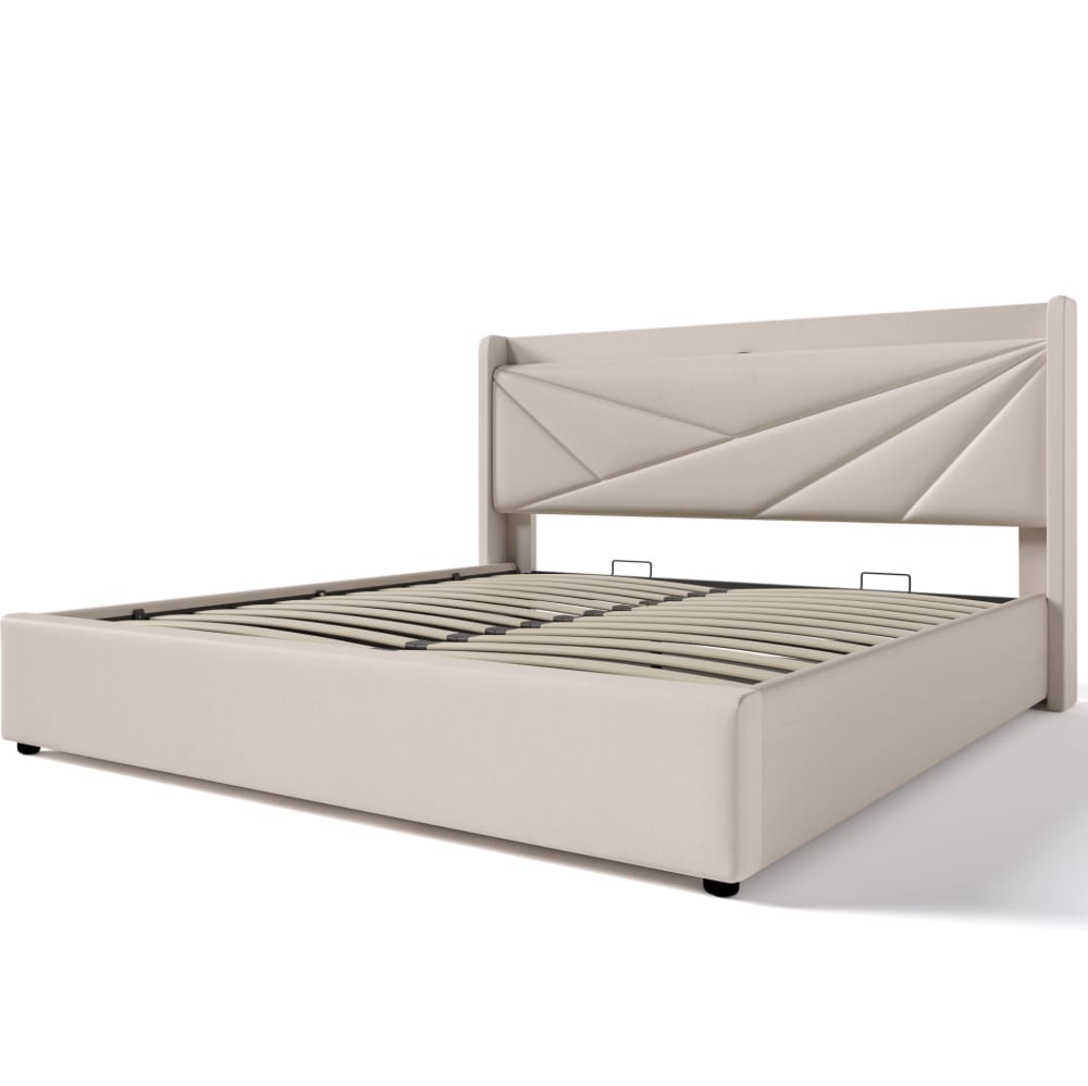 Lit coffre en coton et lin beige 140 x 200 cm avec usb