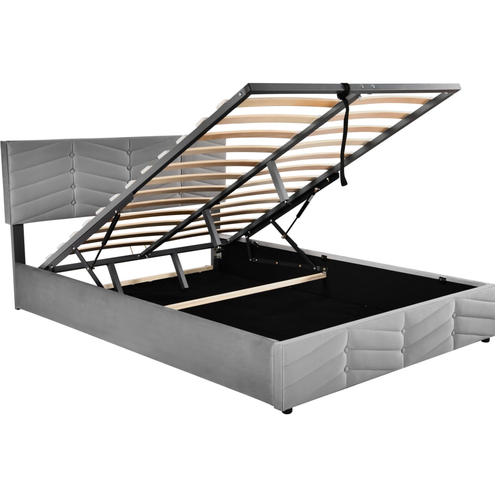 Lit coffre en velours polyester gris 140 x 190 cm