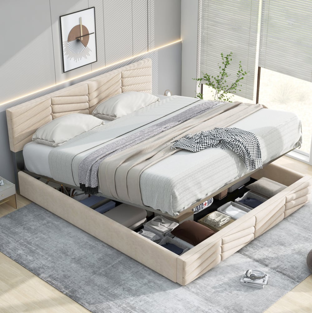 Lit coffre en velours polyester  beige 140 x 200 cm